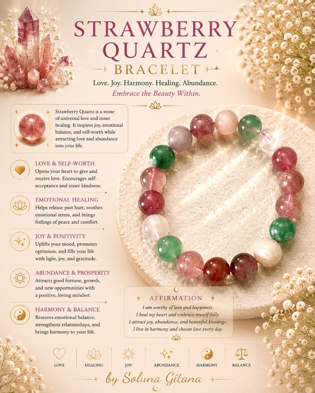 Strawberry Quartz Bracelet For Sale — handmade crystal jewelry by Soluna Gitana