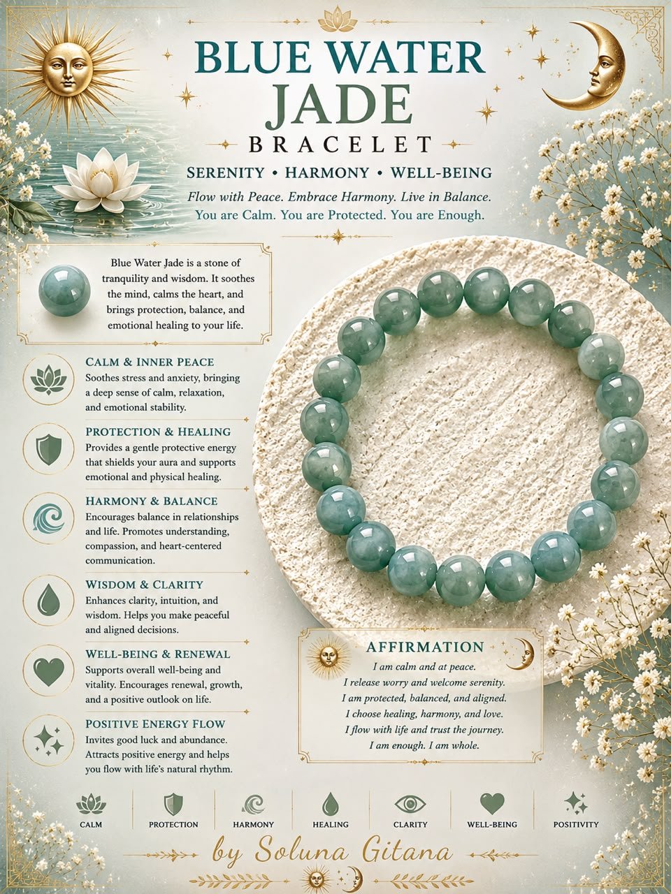 Blue Water Jade Bracelet For Sale — handmade crystal jewelry by Soluna Gitana