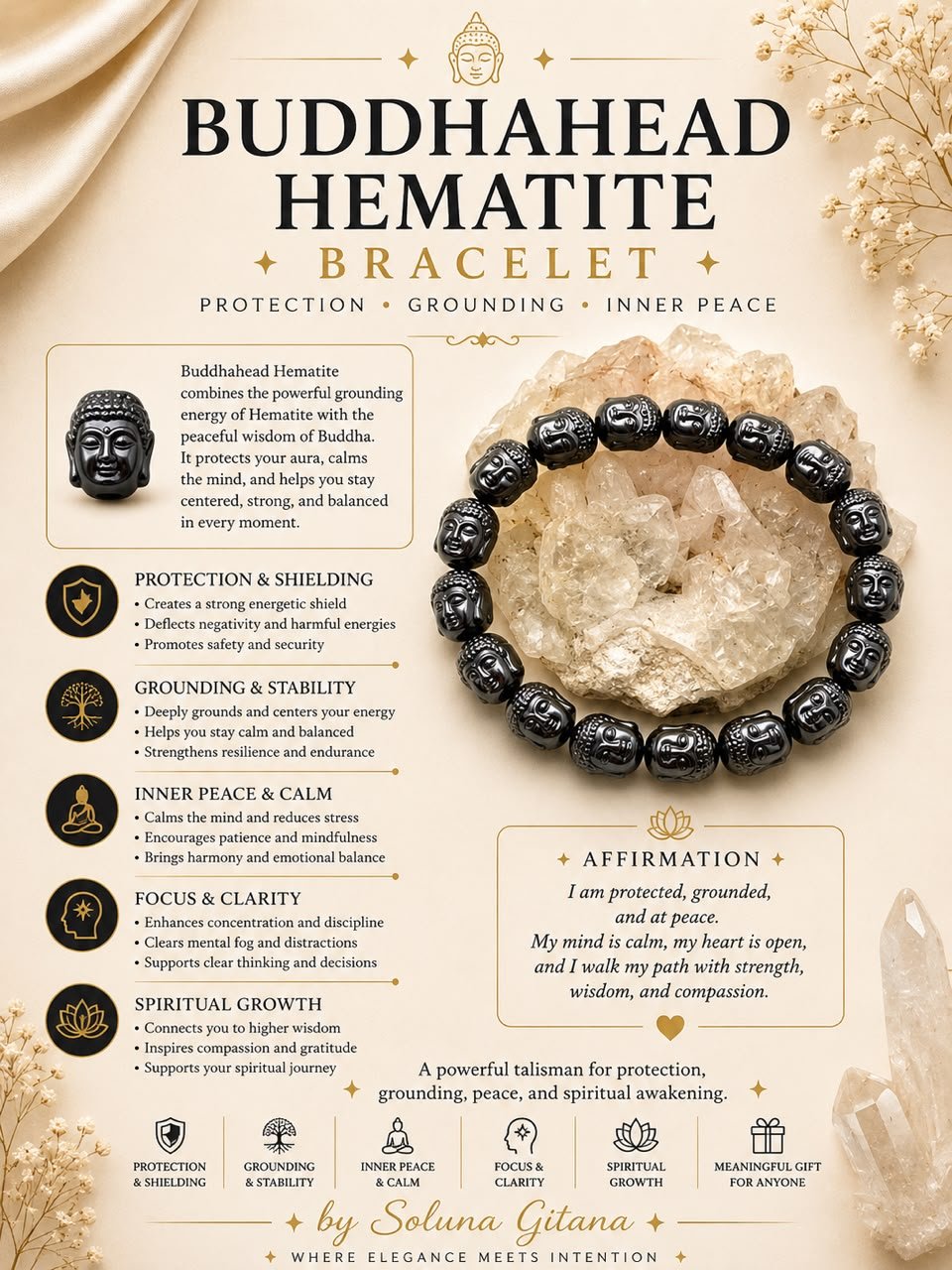 Buddhahead Hematite Bracelet For Sale — handmade crystal jewelry by Soluna Gitana