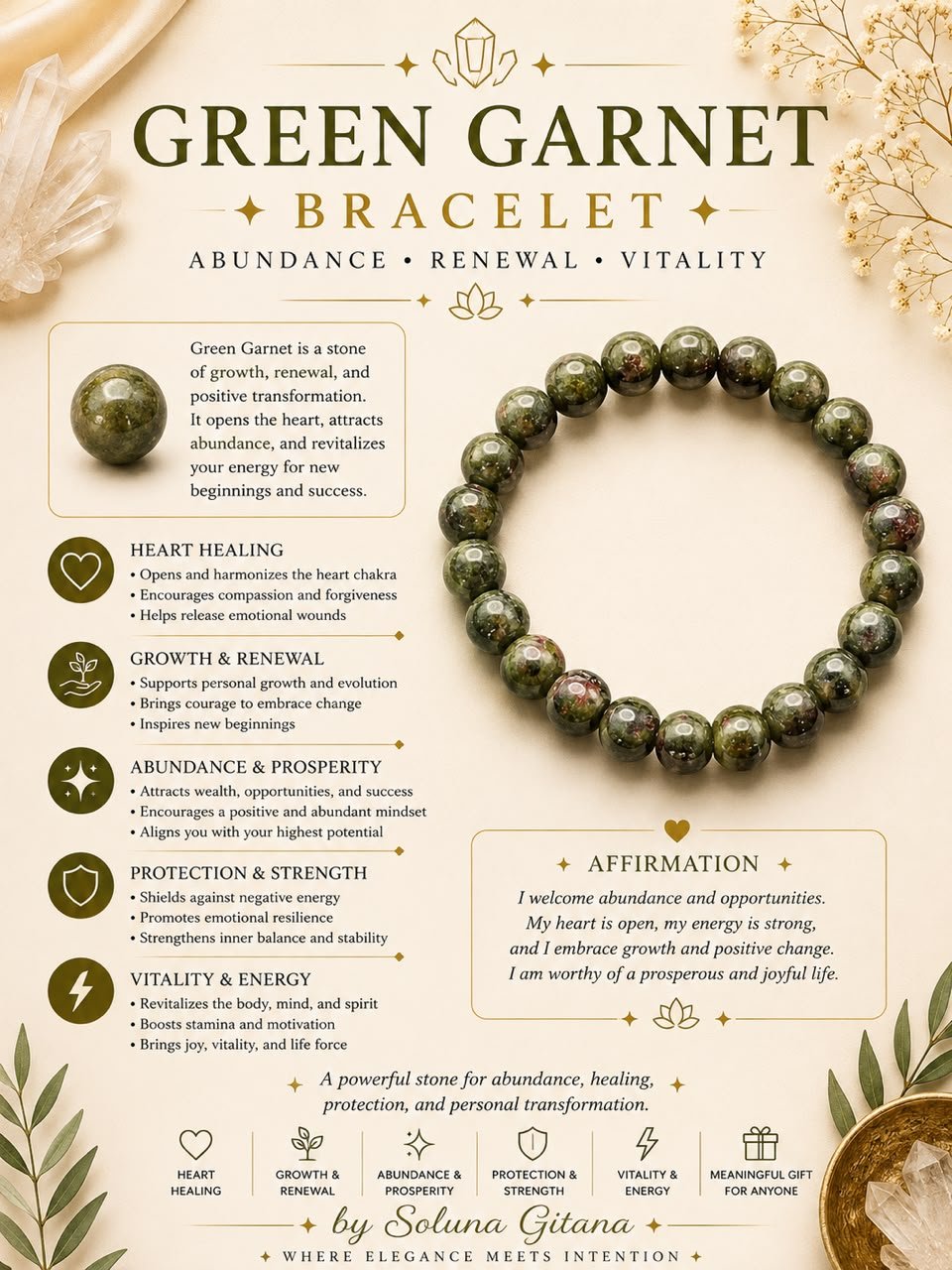 Green Garnet Bracelet For Sale — handmade crystal jewelry by Soluna Gitana