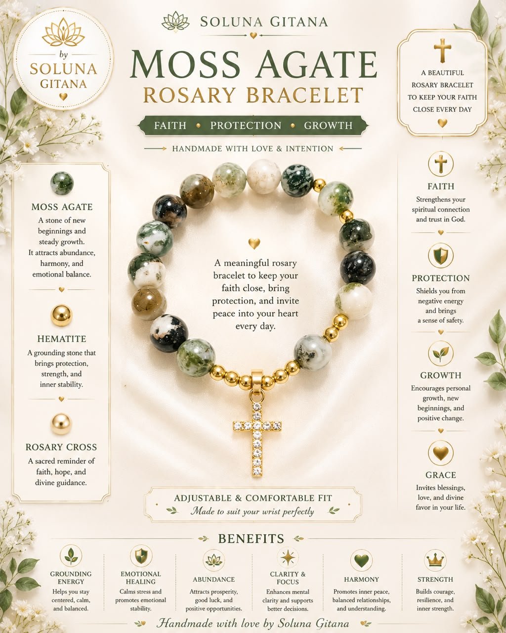 Moss Agate Rosary Bracelet For Sale — handmade crystal jewelry by Soluna Gitana