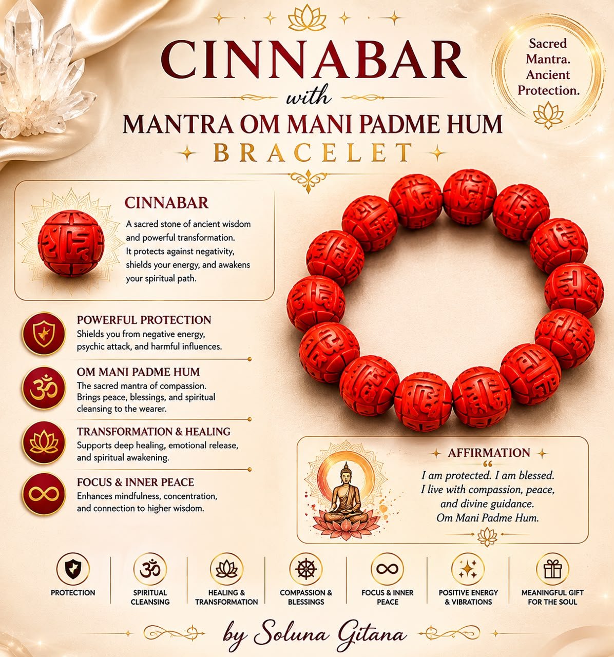 Cinnabar with Mantra Om Mani Padme Hum Bracelet For Sale — handmade crystal jewelry by Soluna Gitana