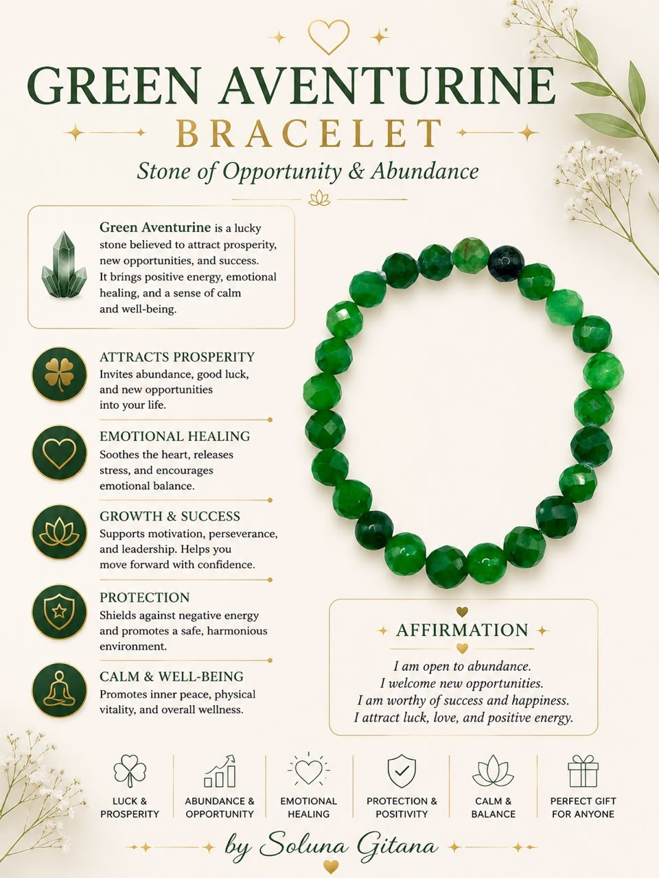 Green Aventurine Bracelet For Sale — handmade crystal jewelry by Soluna Gitana