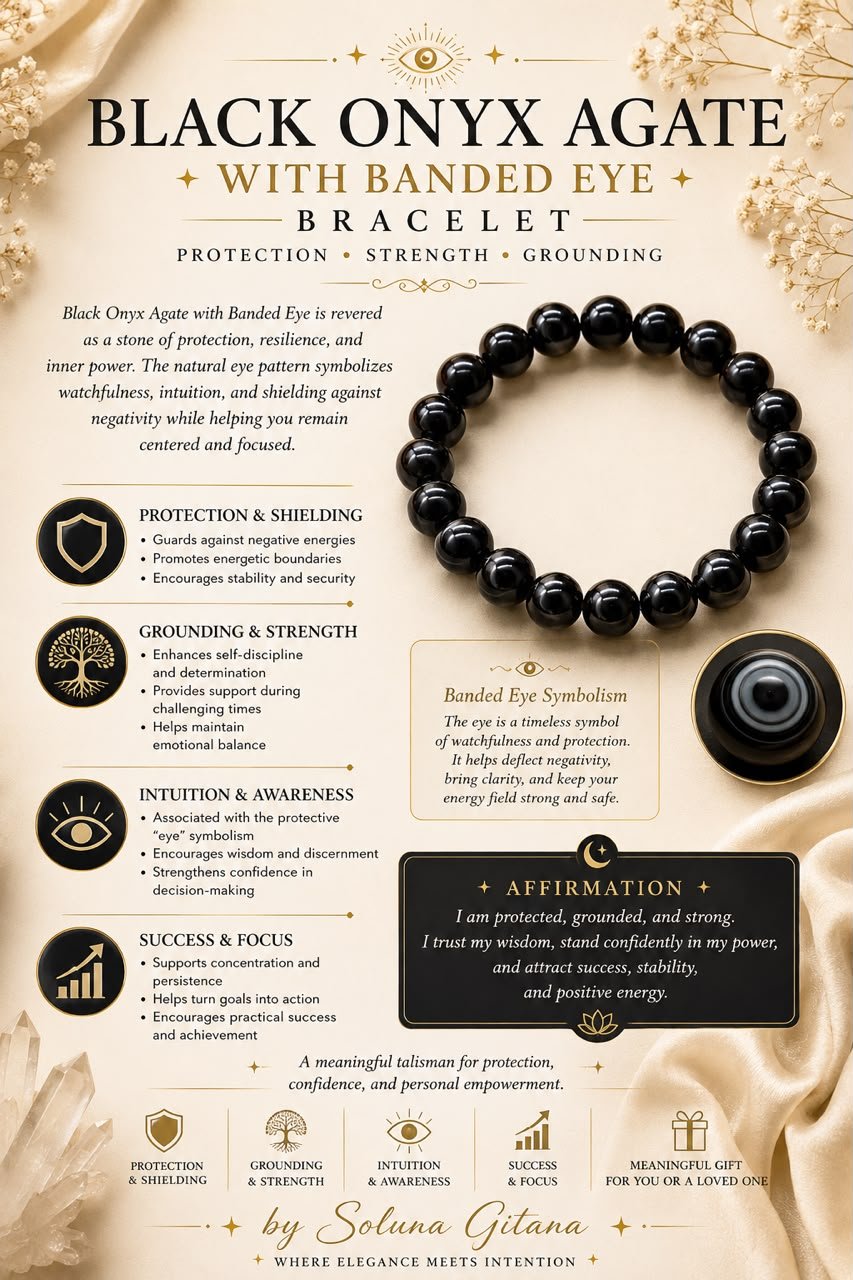 Black Onyx Agate with Banded Eye Bracelet For Sale — handmade crystal jewelry by Soluna Gitana