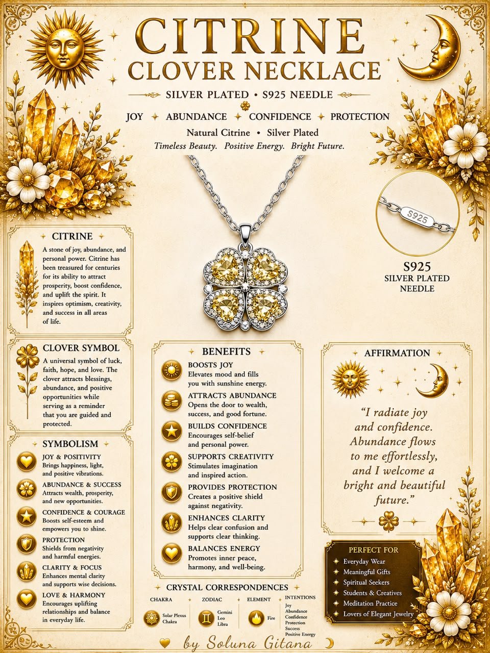 Citrine Clover Necklace For Sale — handmade crystal jewelry by Soluna Gitana