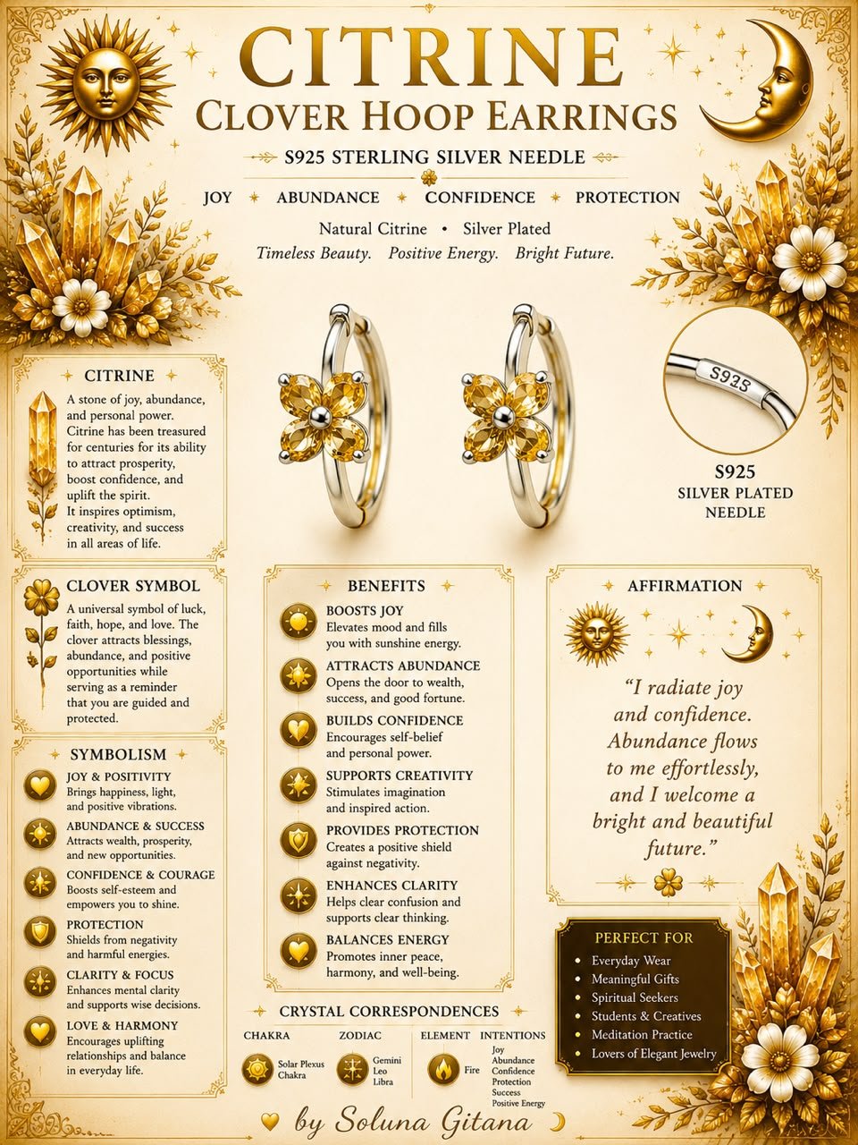 Citrine Clover Hoop Earrings For Sale — handmade crystal jewelry by Soluna Gitana