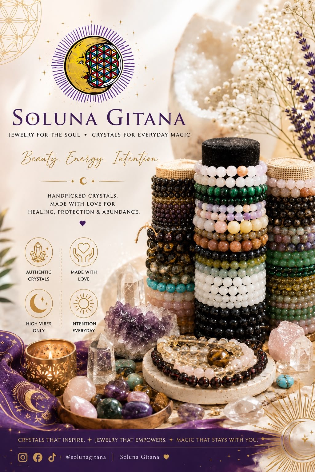 Authentic crystal bracelets collection showcasing rose quartz, clear quartz, green aventurine, and other healing gemstones with Soluna Gitana branding Soluna Gitana crystal bracelets and gemstone jewelry featuring rose quartz, clear quartz, and multicolored healing stones with spiritual symbols