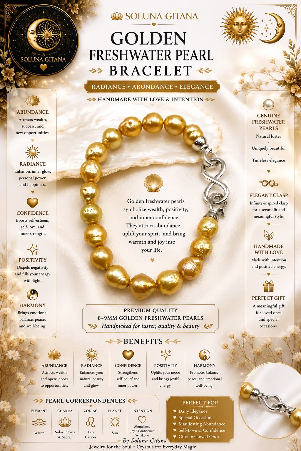 Golden Freshwater Pearl Bracelet For Sale — handmade crystal jewelry by Soluna Gitana