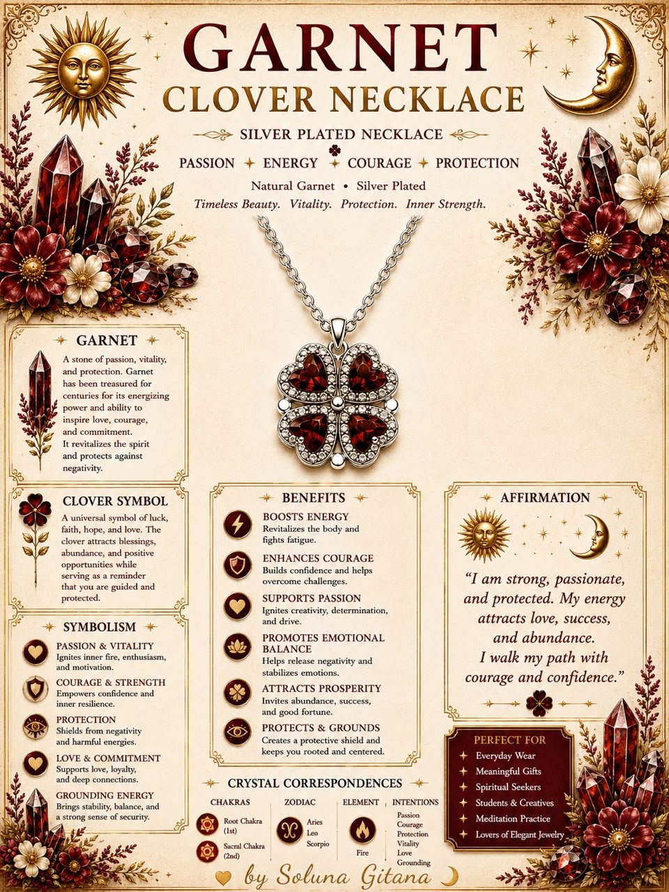 Garnet Clover Necklace For Sale — handmade crystal jewelry by Soluna Gitana