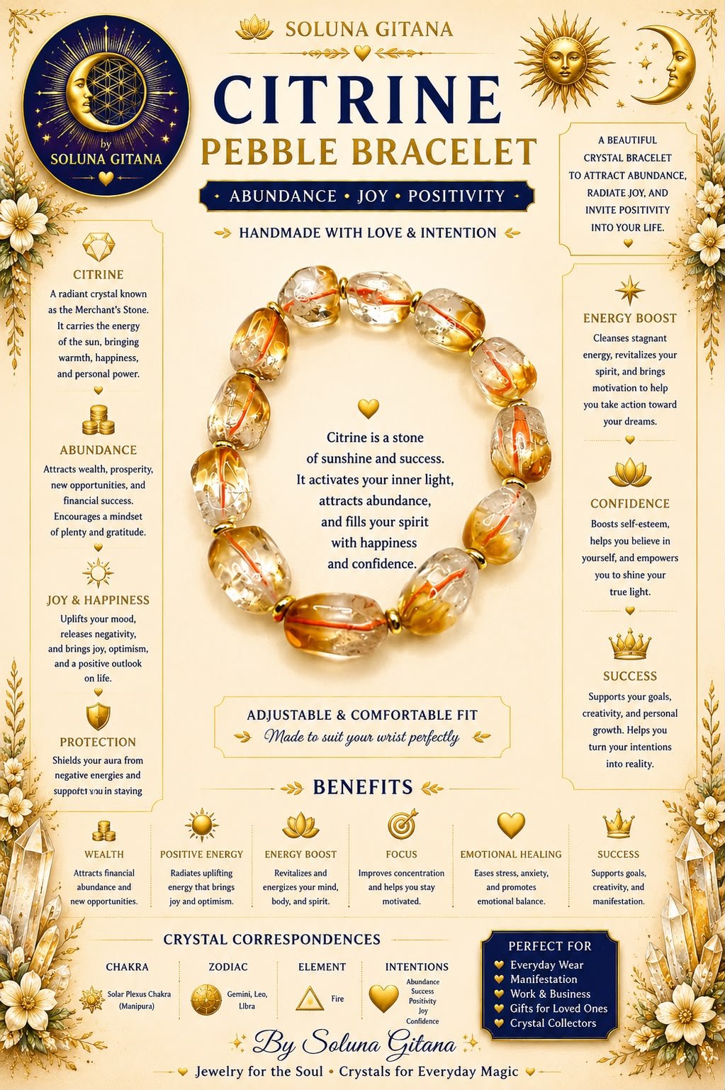 Citrine Pebble Bracelet For Sale — handmade crystal jewelry by Soluna Gitana