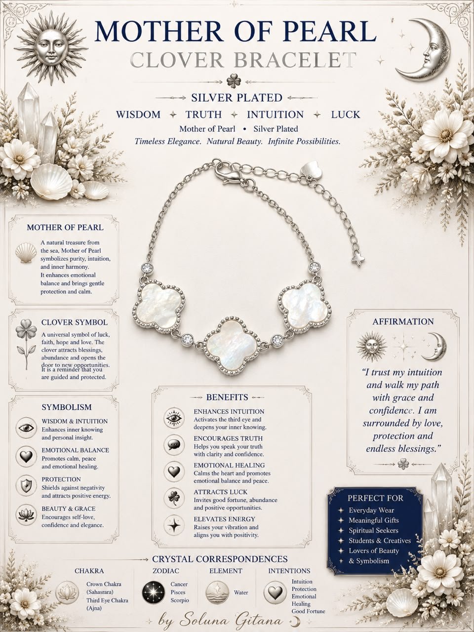 Mother of Pearl Clover Bracelet For Sale — handmade crystal jewelry by Soluna Gitana