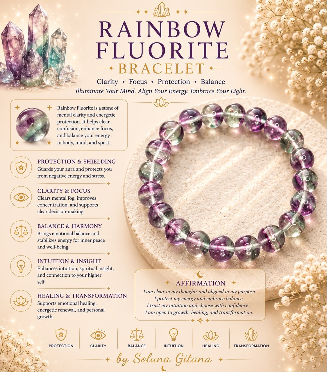 Rainbow Fluorite Bracelet For Sale — handmade crystal jewelry by Soluna Gitana