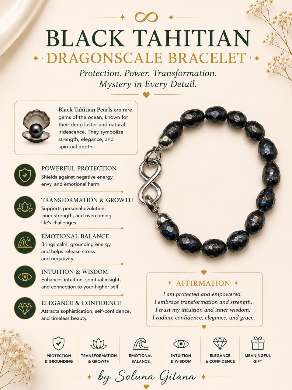 Black Tahitian Dragonscale Bracelet For Sale — handmade crystal jewelry by Soluna Gitana