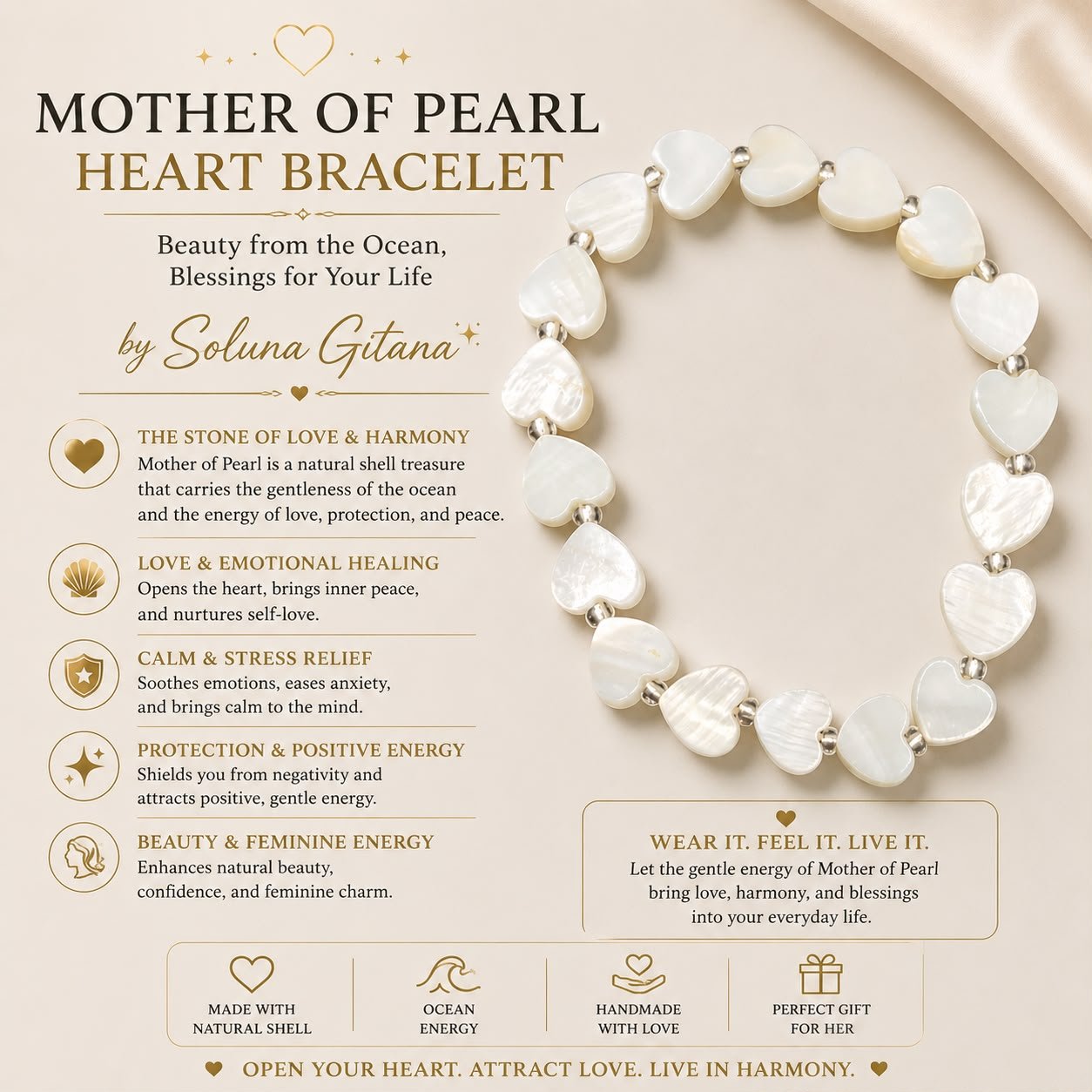Mother of Pearl Heart Bracelet For Sale — handmade crystal jewelry by Soluna Gitana