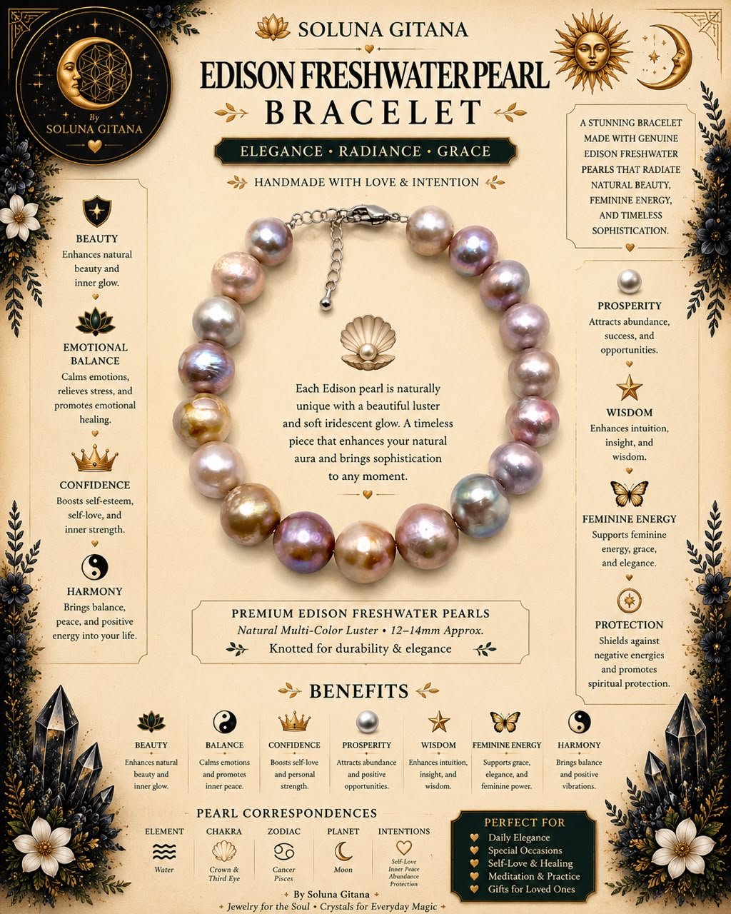 Edison Freshwater Pearl Bracelet For Sale — handmade crystal jewelry by Soluna Gitana