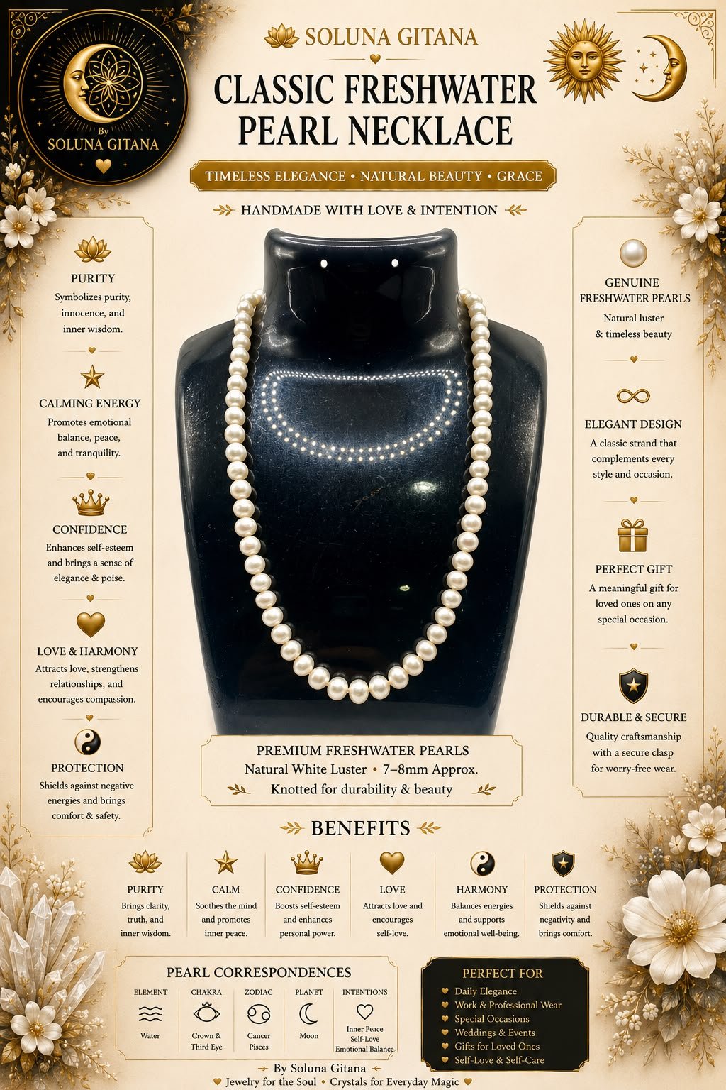 Classic Freshwater Pearl Necklace For Sale — handmade crystal jewelry by Soluna Gitana