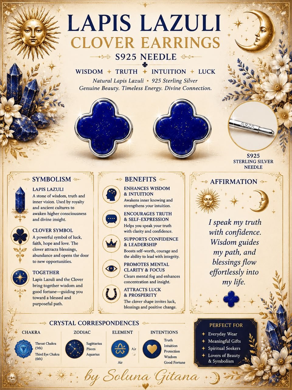 Lapis Lazuli Clover Earrings For Sale — handmade crystal jewelry by Soluna Gitana