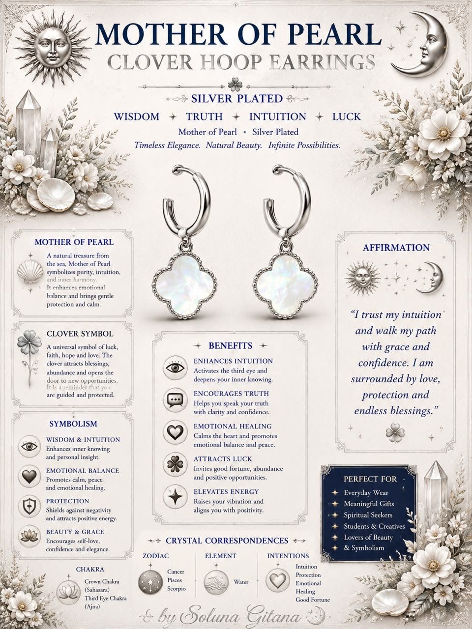 Mother of Pearl Clover Hoop Earrings For Sale — handmade crystal jewelry by Soluna Gitana