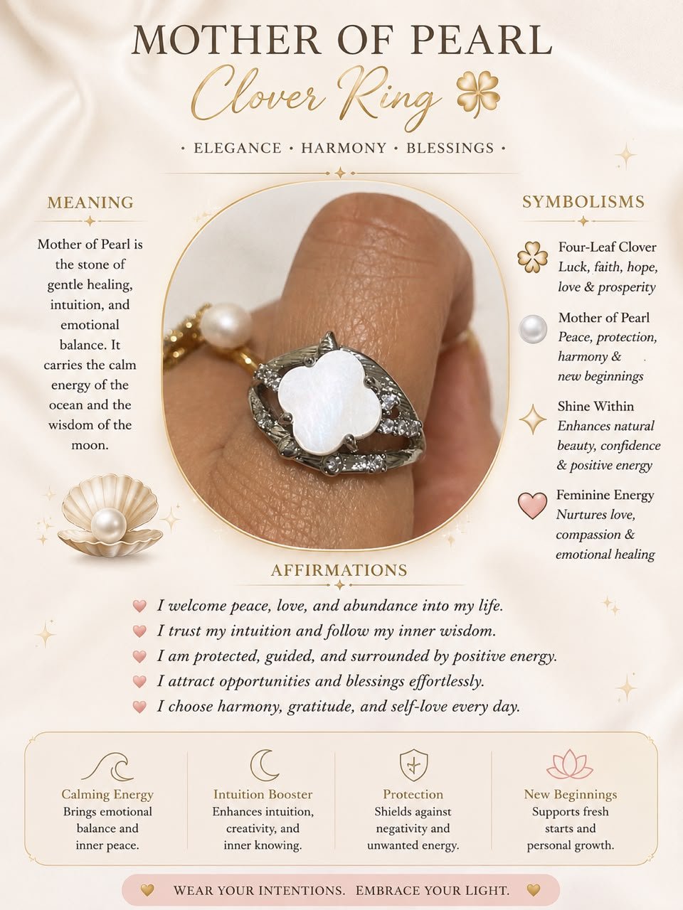 Mother of Pearl Clover Ring For Sale — handmade crystal jewelry by Soluna Gitana