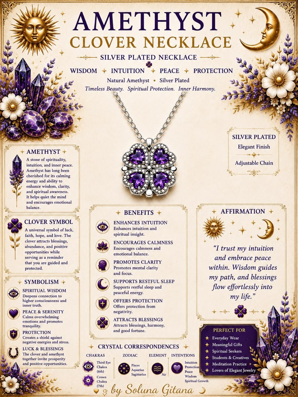 Amethyst Clover Necklace For Sale — handmade crystal jewelry by Soluna Gitana