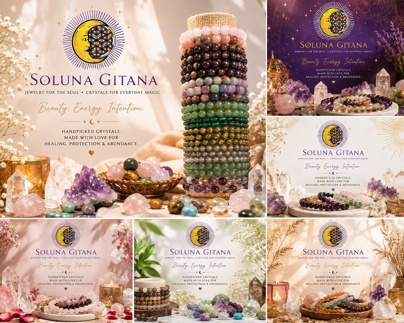 Grid collection of Soluna Gitana promotional images featuring crystal bracelets and spiritual elements