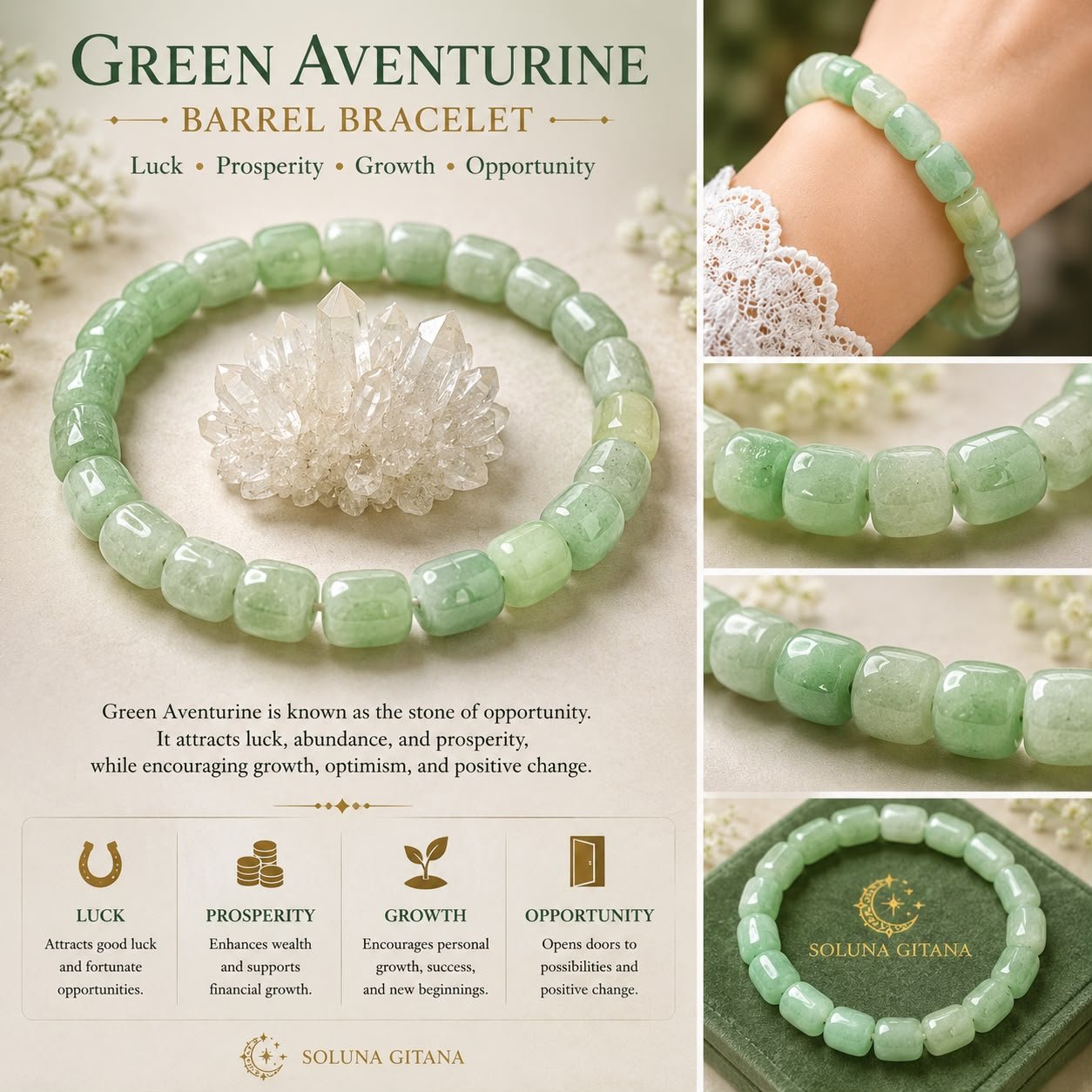 Green Aventurine Barrel Bracelet For Sale — handmade crystal jewelry by Soluna Gitana