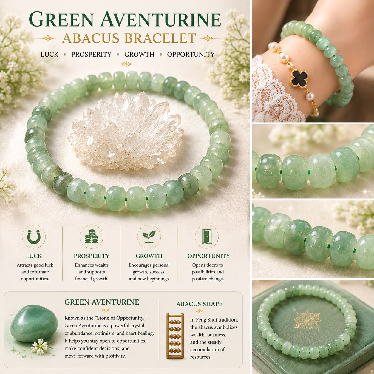 Green Aventurine Abacus Bracelet For Sale — handmade crystal jewelry by Soluna Gitana