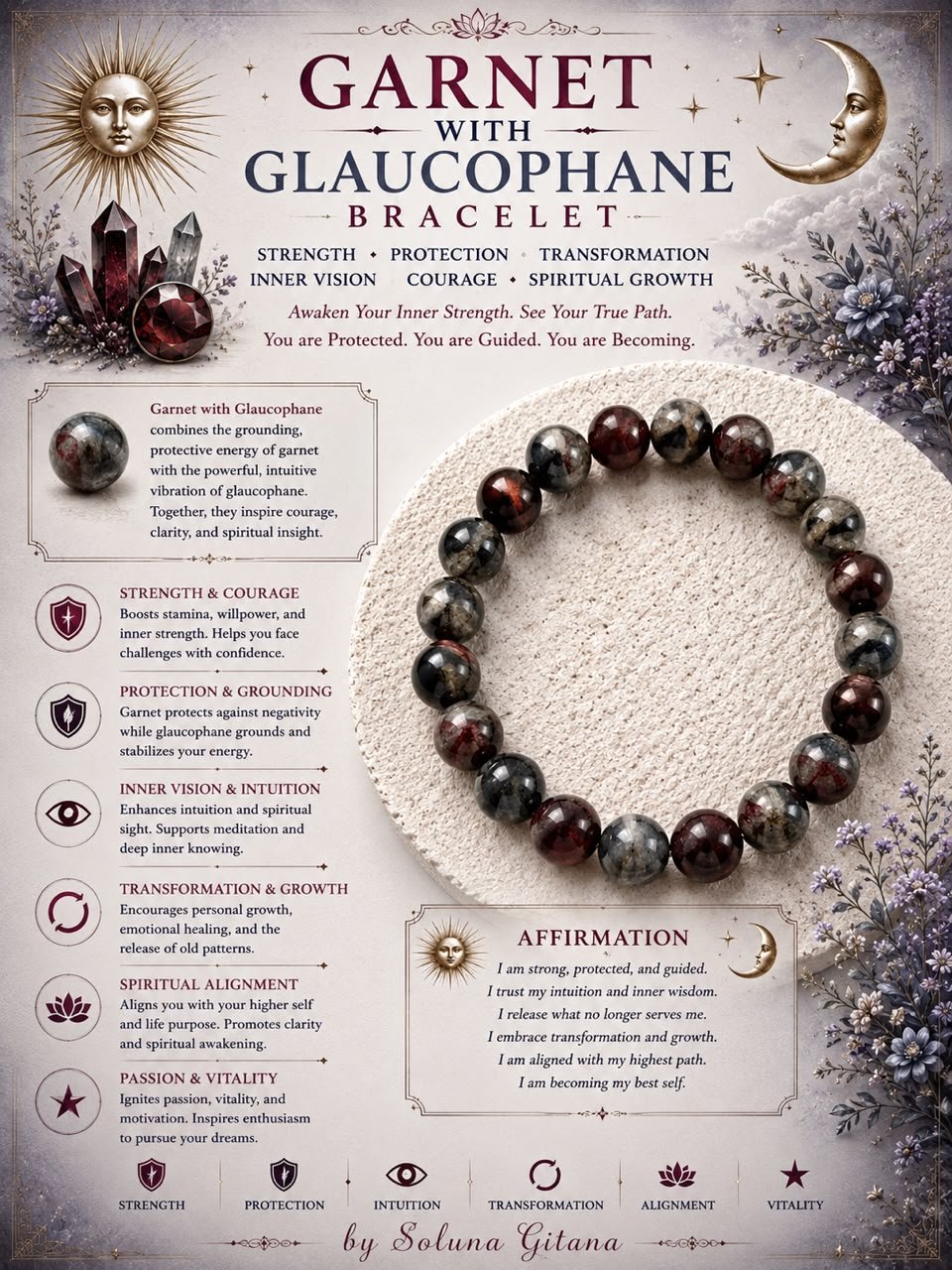 Garnet with Glaucophane Bracelet For Sale — handmade crystal jewelry by Soluna Gitana