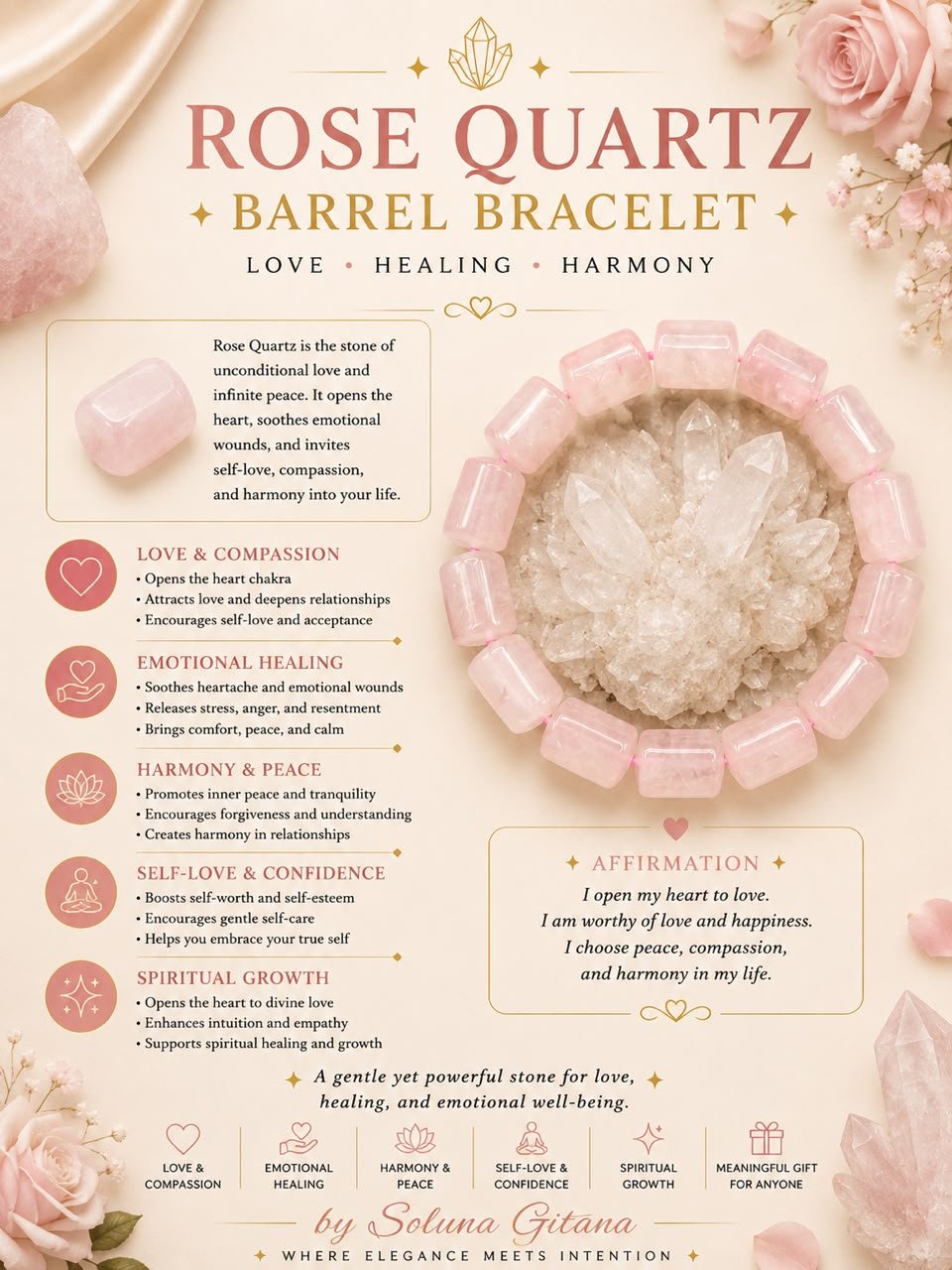 Rose Quartz Barrel Bracelet For Sale — handmade crystal jewelry by Soluna Gitana