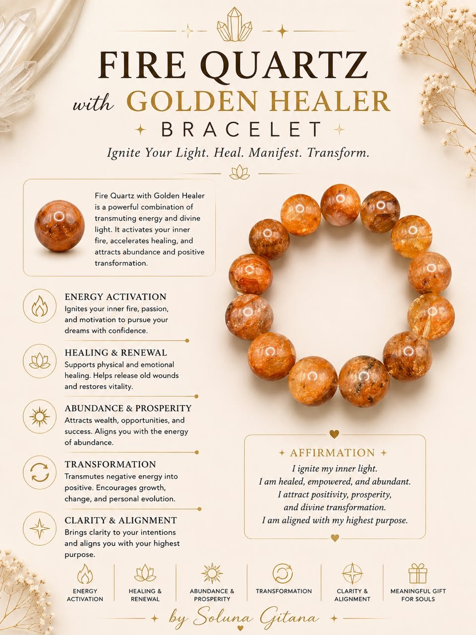 Fire Quartz with Golden Healer Bracelet For Sale — handmade crystal jewelry by Soluna Gitana
