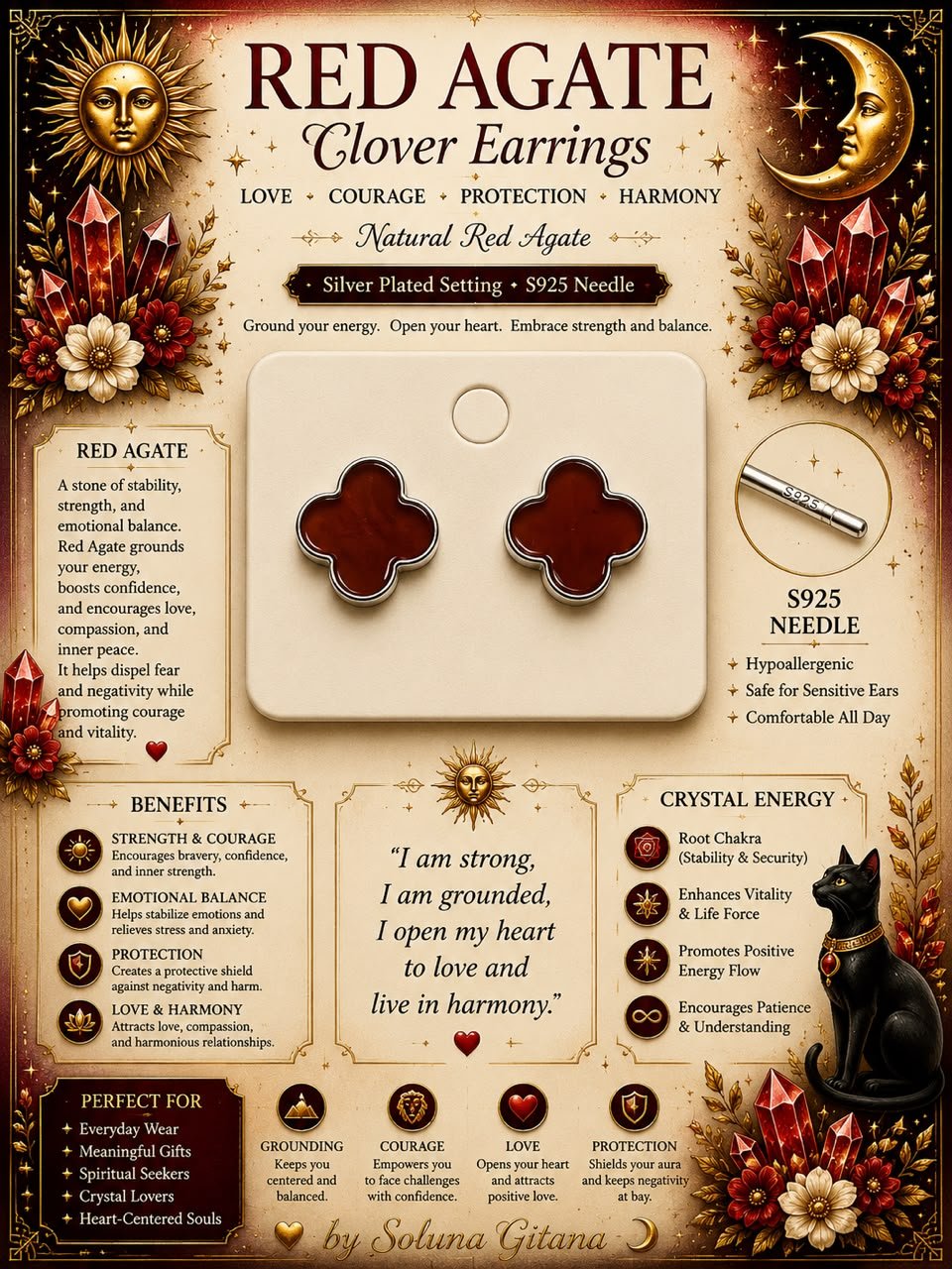 Red Agate Clover Earrings For Sale — handmade crystal jewelry by Soluna Gitana