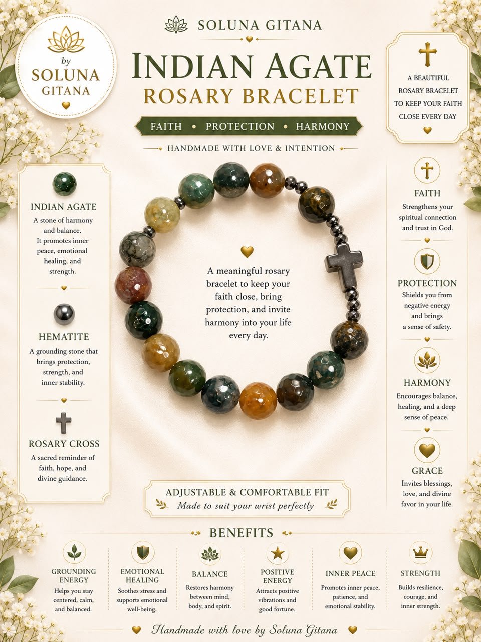 Indian Agate Rosary Bracelet For Sale — handmade crystal jewelry by Soluna Gitana