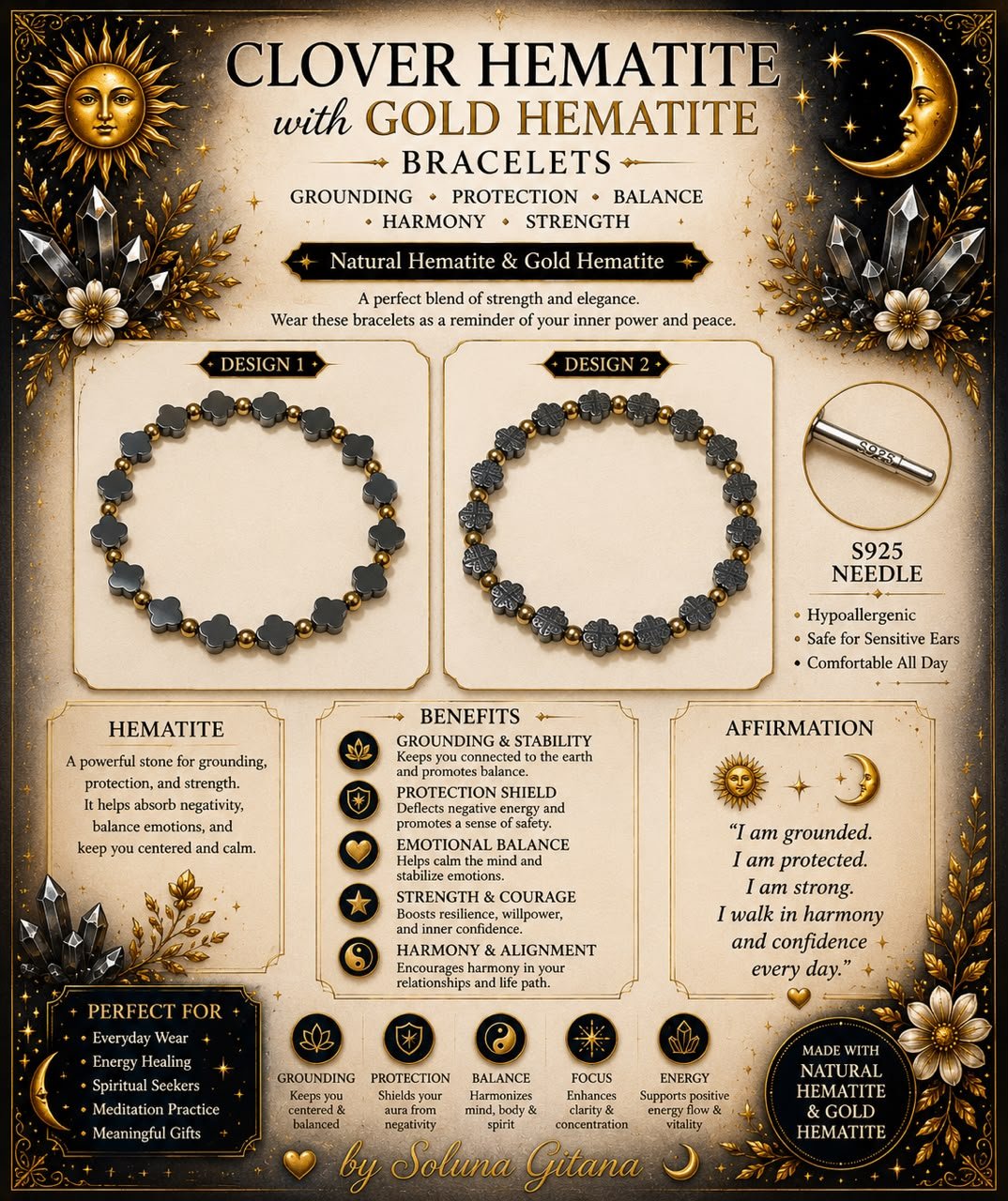 Clover Hematite with Gold Hematite Bracelets For Sale — handmade crystal jewelry by Soluna Gitana