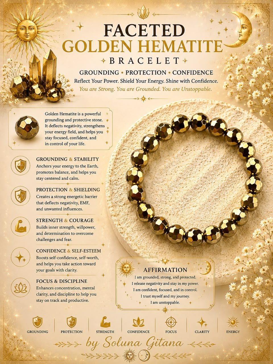 Faceted Golden Hematite Bracelet For Sale — handmade crystal jewelry by Soluna Gitana