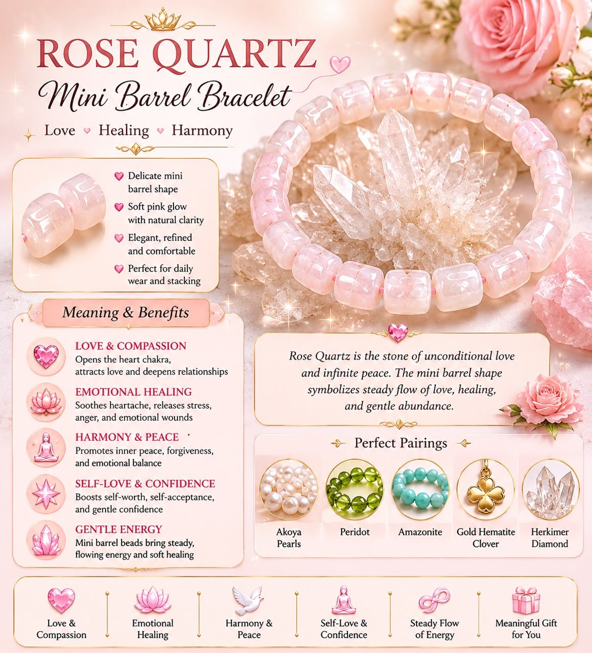 Rose Quartz Mini Barrel Bracelet For Sale — handmade crystal jewelry by Soluna Gitana