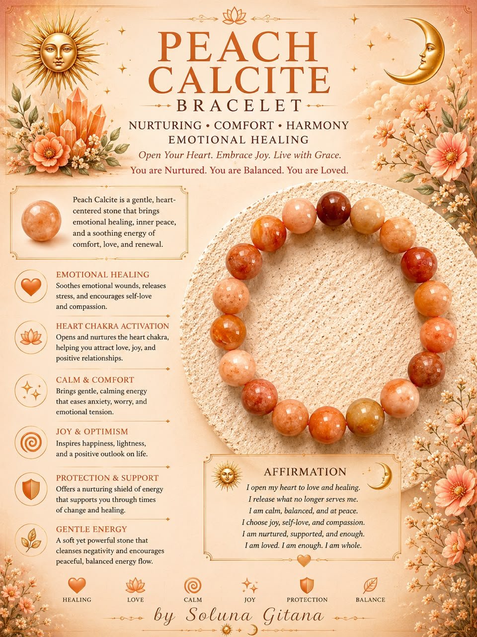 Peach Calcite Bracelet For Sale — handmade crystal jewelry by Soluna Gitana