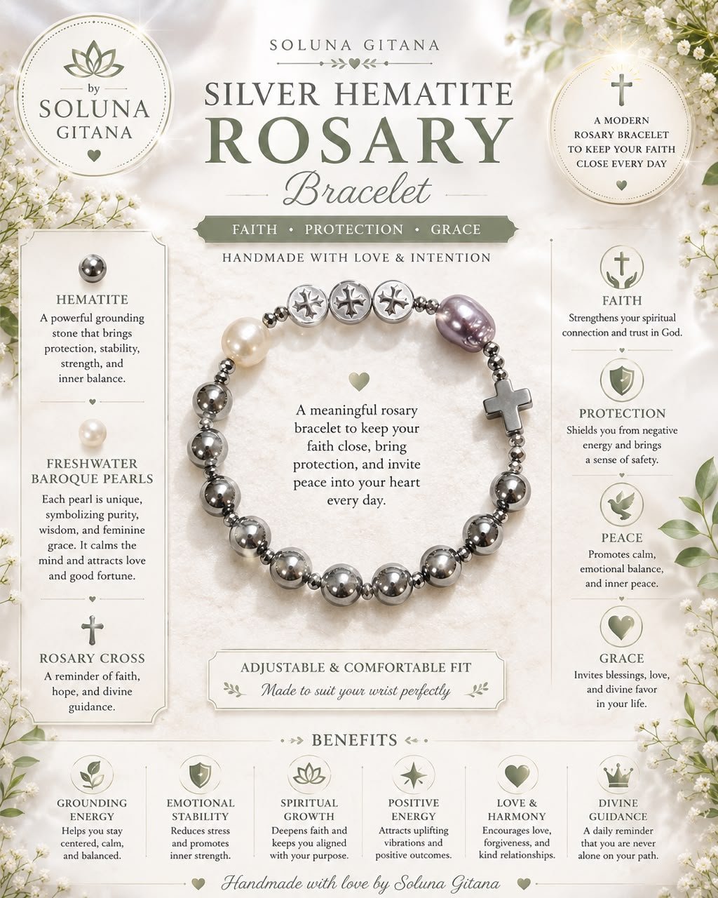 Silver Hematite Rosary Bracelet For Sale — handmade crystal jewelry by Soluna Gitana