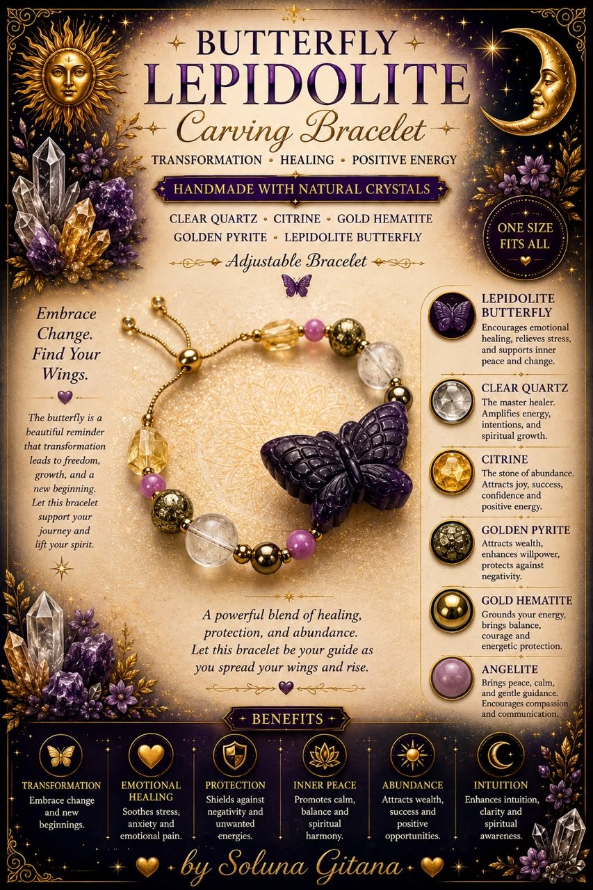 Butterfly Lepidolite Carving Bracelet For Sale — handmade crystal jewelry by Soluna Gitana
