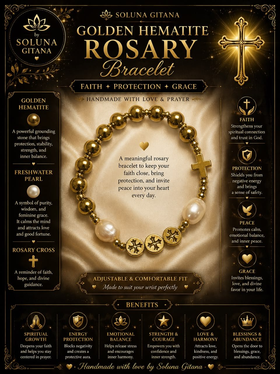 Golden Hematite Rosary Bracelet For Sale — handmade crystal jewelry by Soluna Gitana