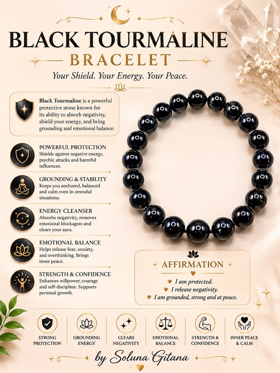 Black Tourmaline Bracelet For Sale — handmade crystal jewelry by Soluna Gitana