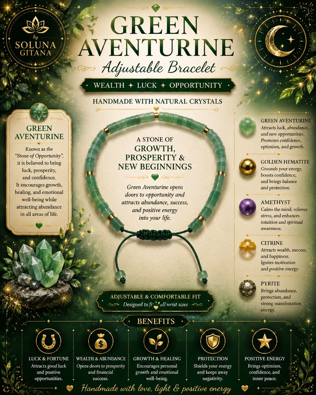 Green Aventurine Adjustable Bracelet For Sale — handmade crystal jewelry by Soluna Gitana