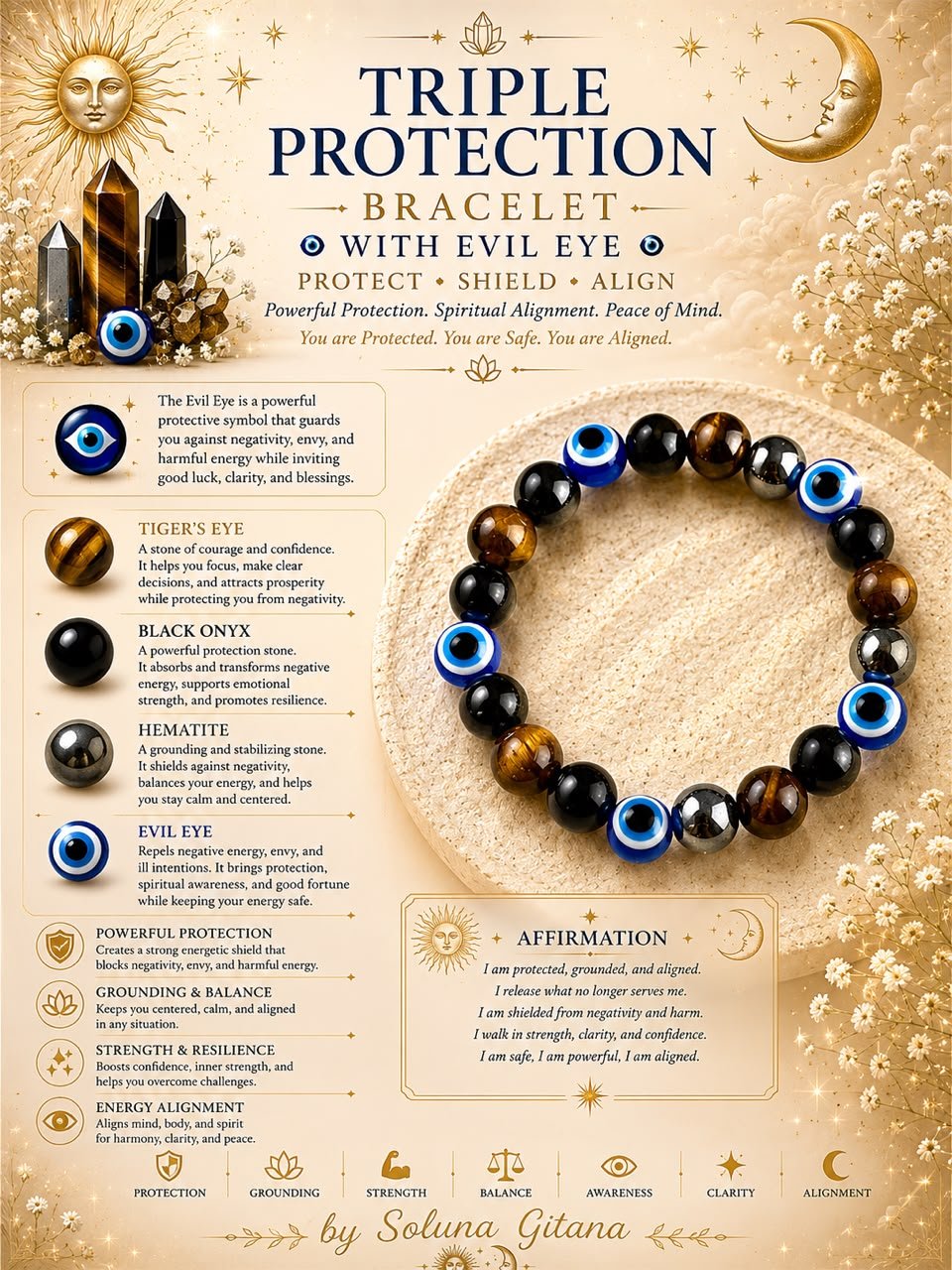 Triple Protection Bracelet with Evil Eye - Protect • Shield • Align | Soluna Gitana