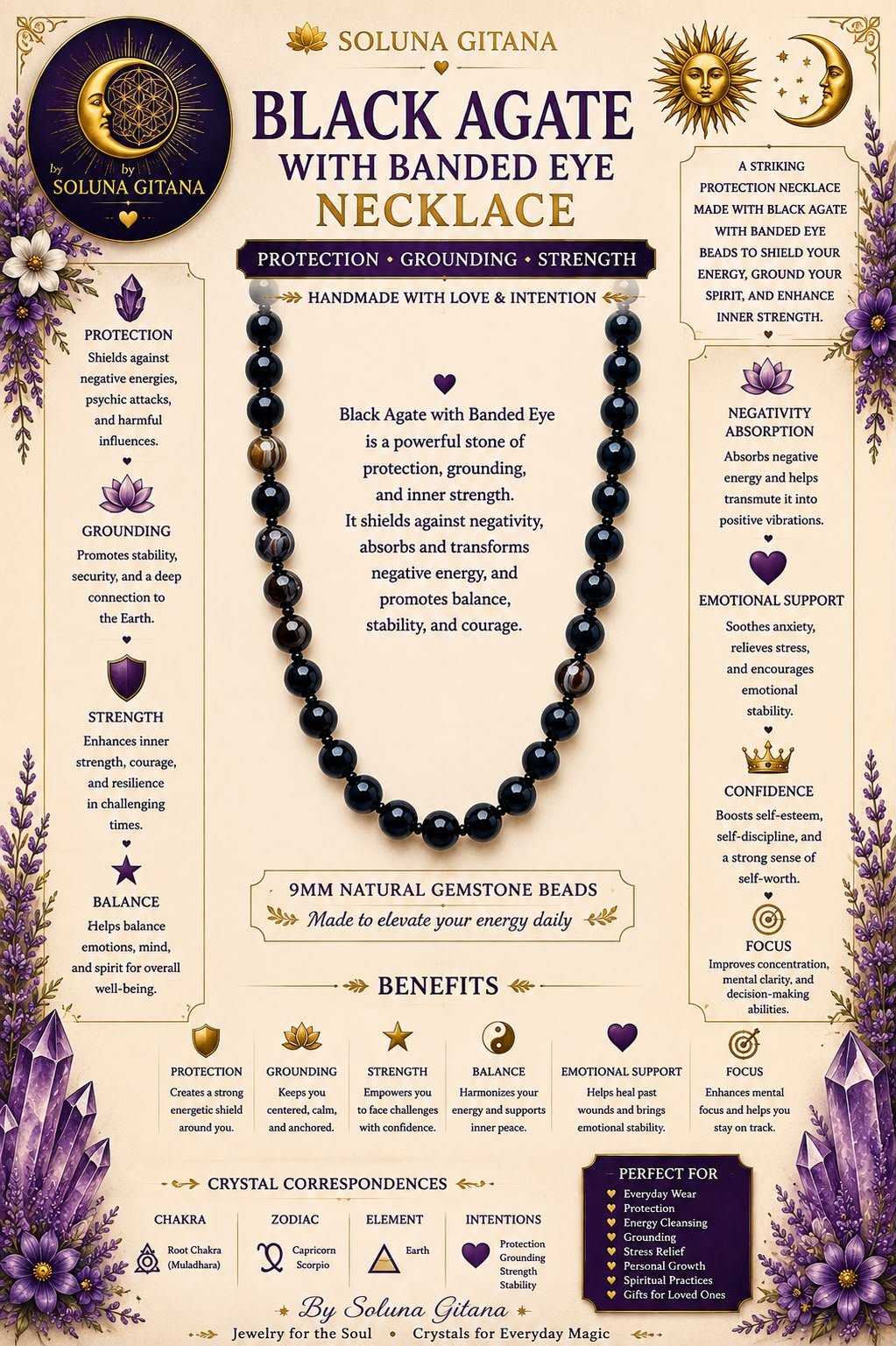 Black Agate With Banded Eye Necklace For Sale — handmade crystal jewelry by Soluna Gitana