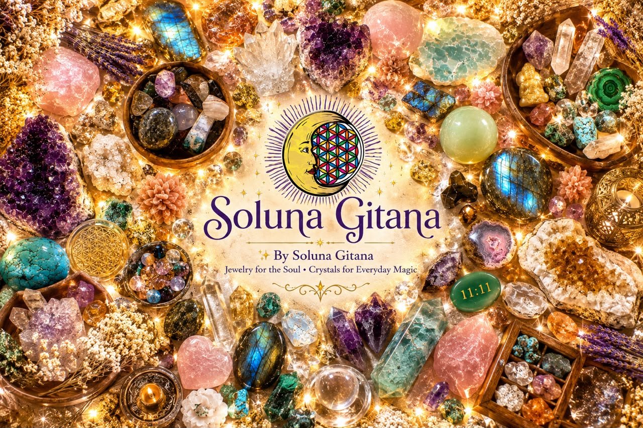 Exclusive golden crystal collection featuring citrine, golden topaz, and premium gemstones arranged with gold decorative bowls and spiritual elements Soluna Gitana luxury crystal collection with golden gemstones, citrine, and premium handpicked stones displayed with gold accents and spiritual decor