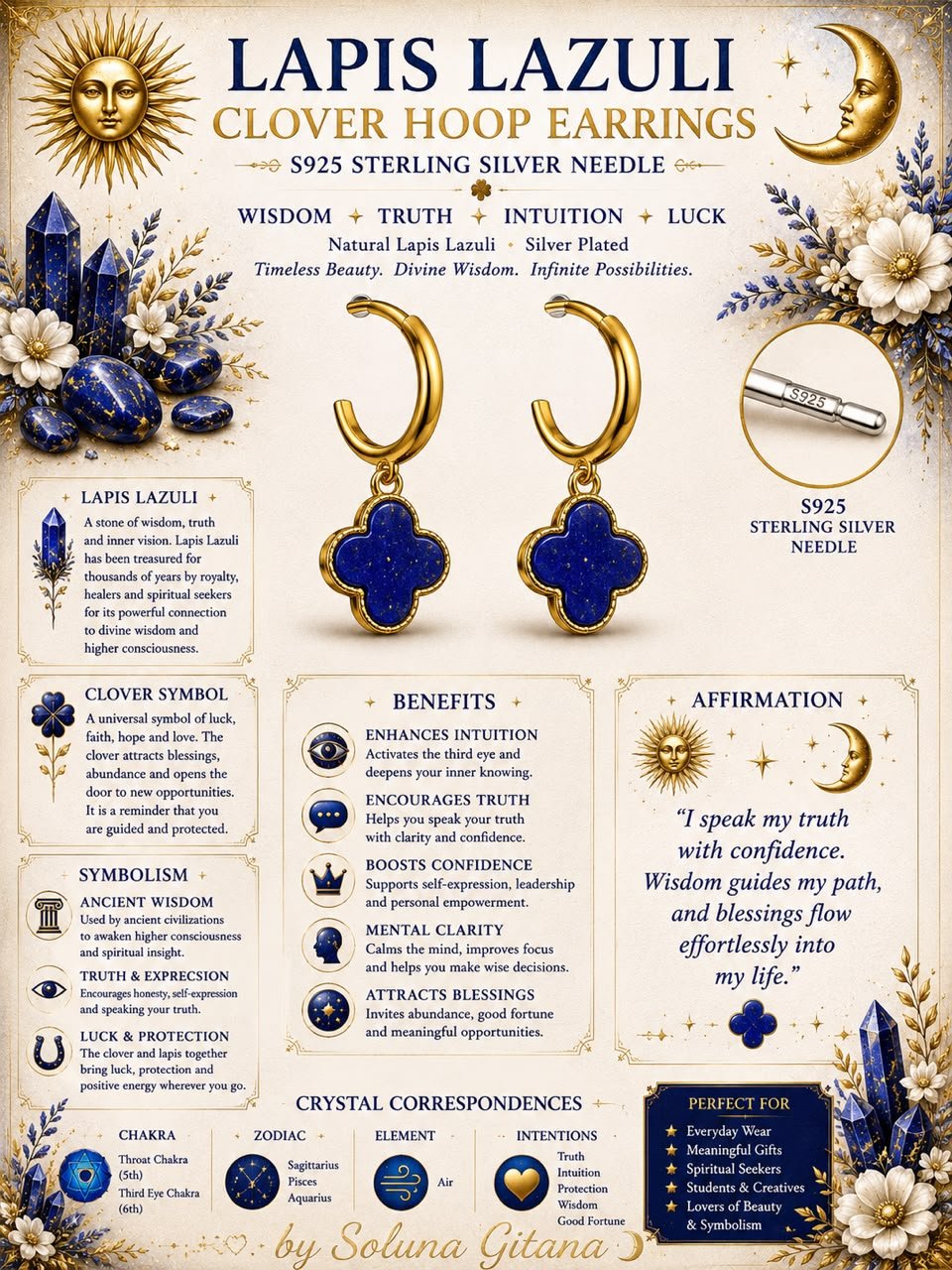 Lapis Lazuli Clover Hoop Earrings For Sale — handmade crystal jewelry by Soluna Gitana