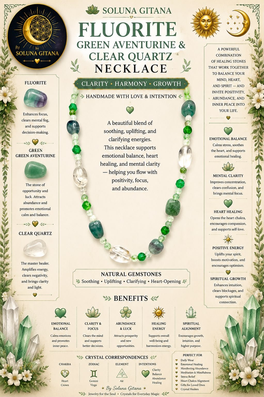 Fluorite Green Aventurine & Clear Quartz Necklace For Sale — handmade crystal jewelry by Soluna Gitana