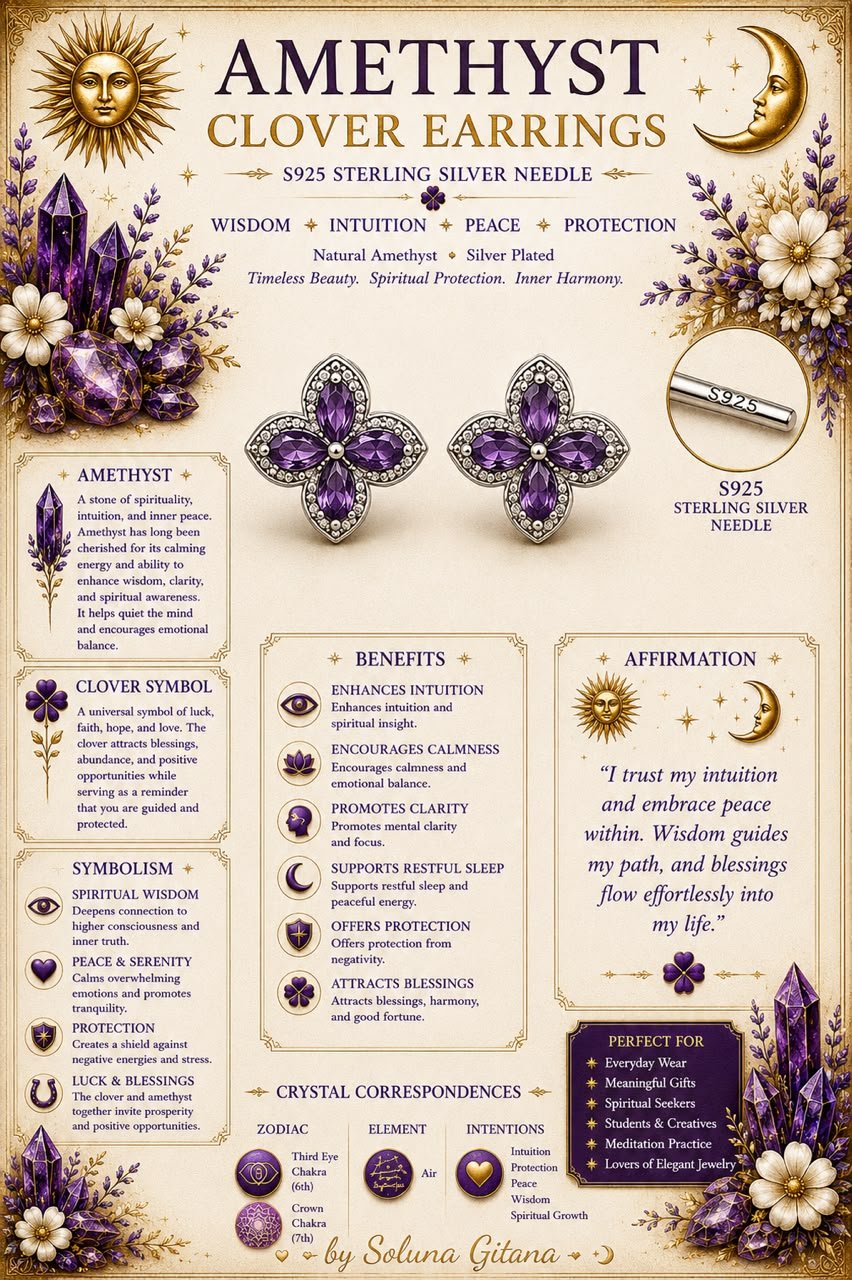 Amethyst Clover Earrings For Sale — handmade crystal jewelry by Soluna Gitana