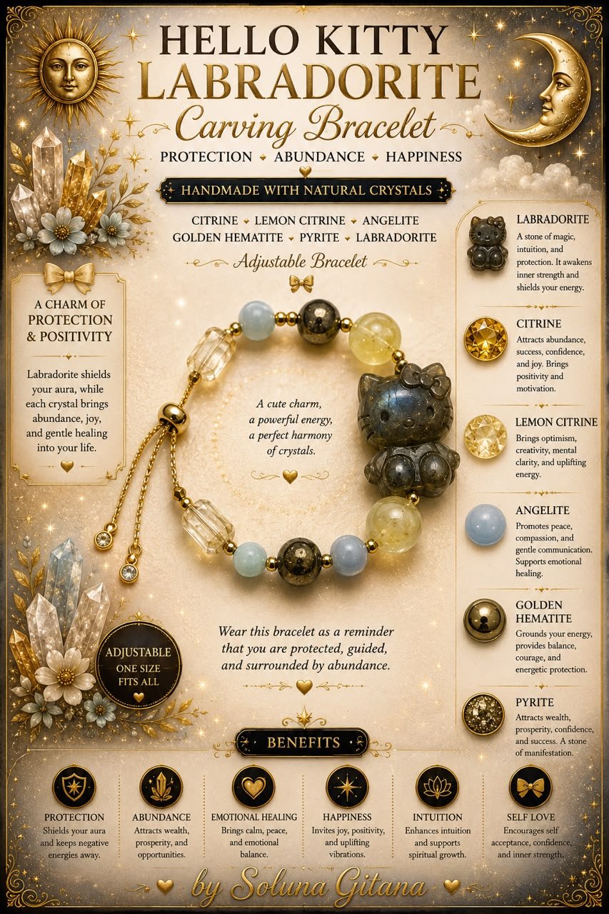 Hello Kitty Labradorite Carving Bracelet For Sale — handmade crystal jewelry by Soluna Gitana