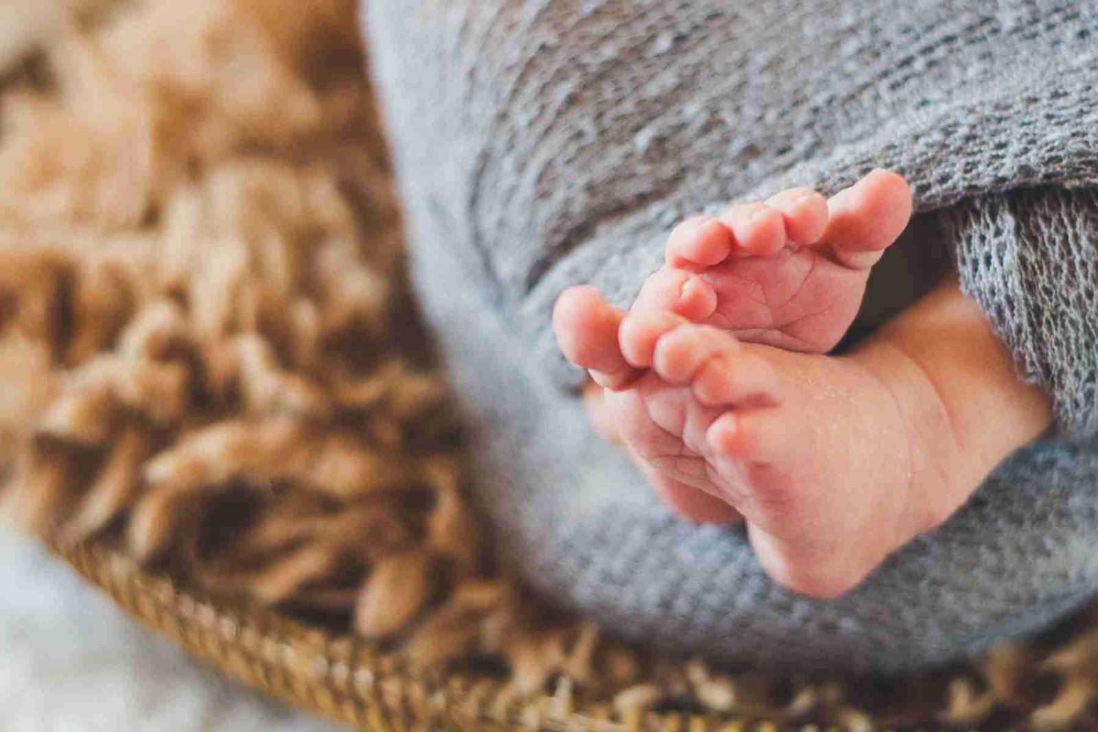 Tiny newborn baby feet wrapped in soft grey cloth
