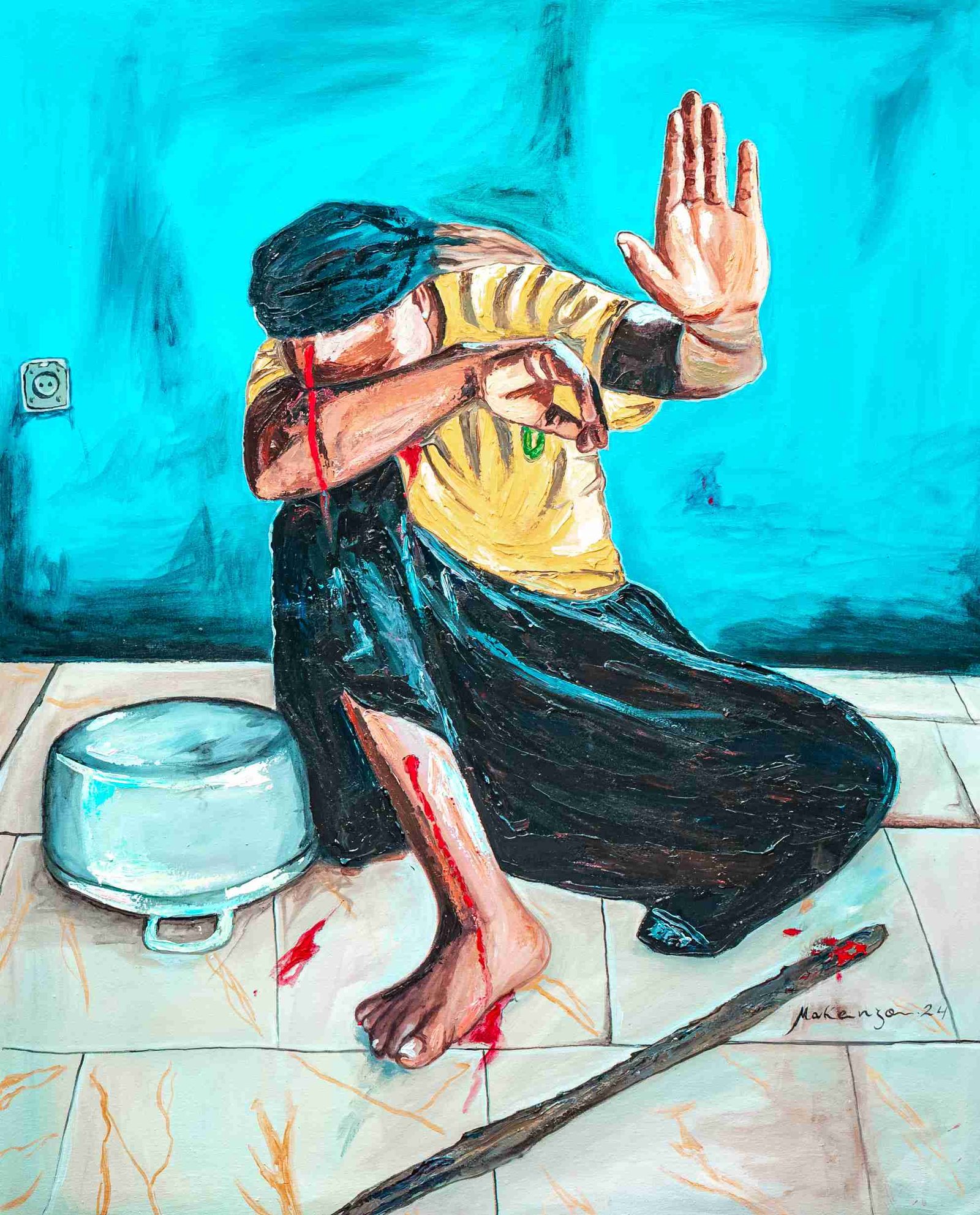 Painting depicting a person kneeling, with blood streaming from their arm and leg, shielding their face with one hand, a broken stick nearby, and a metal basin on the floor, all against a blue wall and tiled floor.